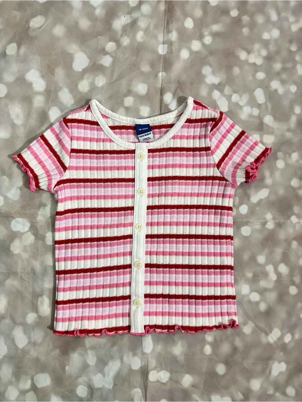 Old Navy Pink, Red & White Ribbed Button-Front Kids Tee